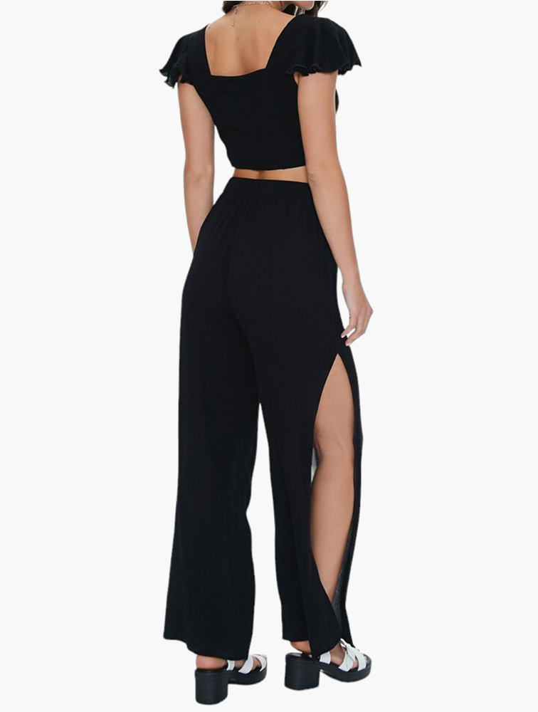 MyRunway Shop Forever 21 Curve Black Twisted Top & Slit Pants Set for